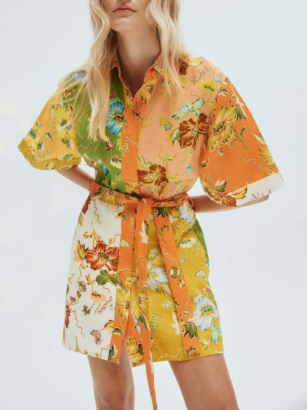 Patchwork Floral Print Collared Tie Waist Shirt Mini Dress