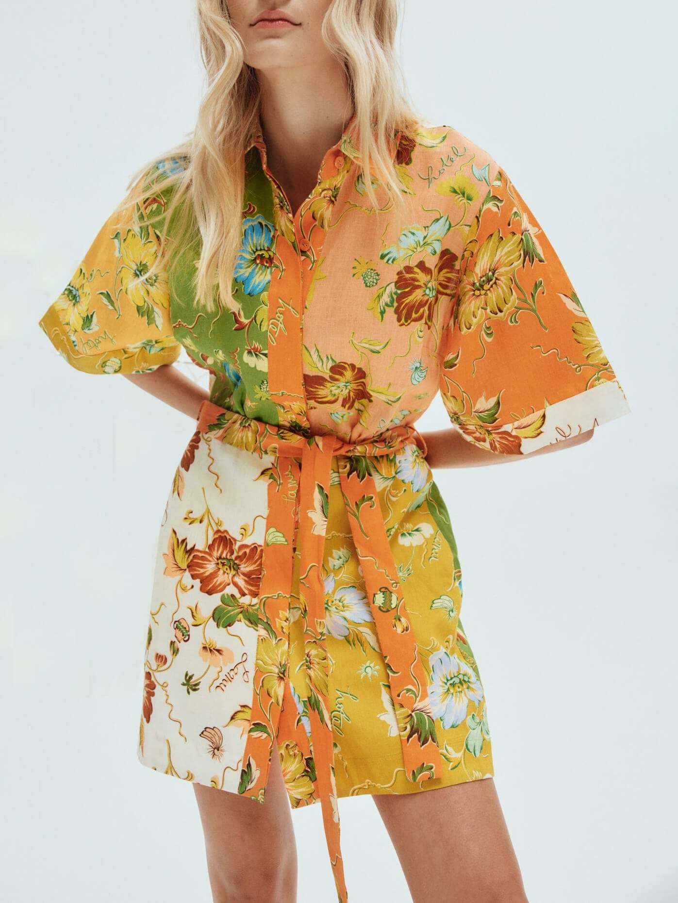 Patchwork Floral Print Collared Tie Waist Shirt Mini Dress