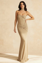 Sequin Strapless Sweetheart Neck Ruched Knot Hip Sheer Mesh Maxi Dress