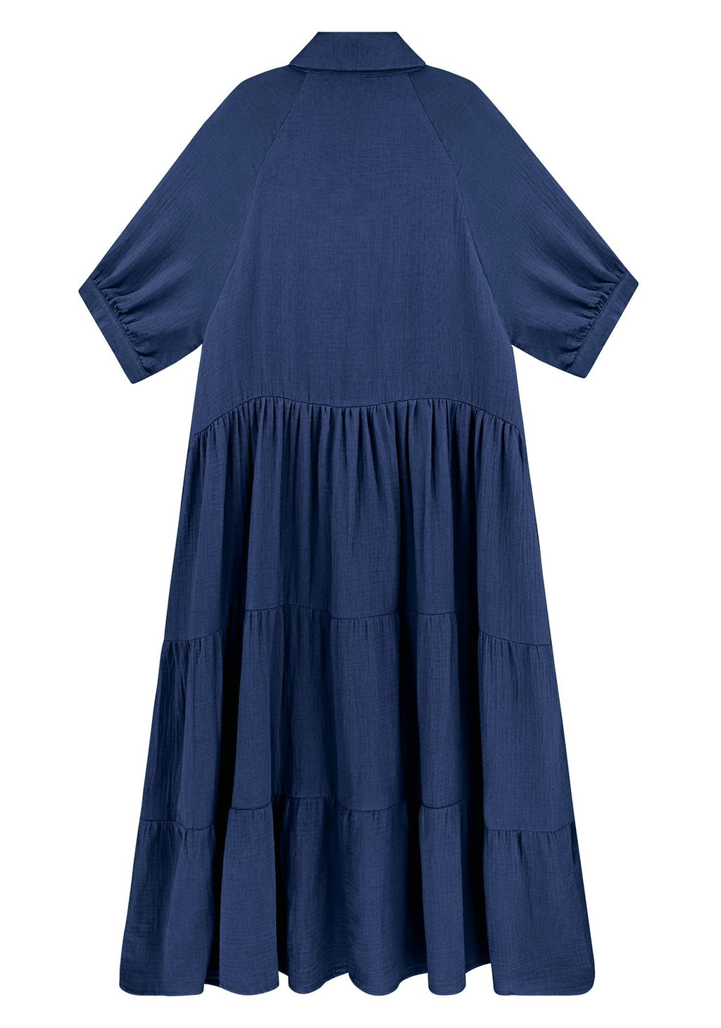 Gauze Button Front Collar Half Sleeve Tiered Pocket Midi Dress