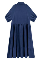 Gauze Button Front Collar Half Sleeve Tiered Pocket Midi Dress