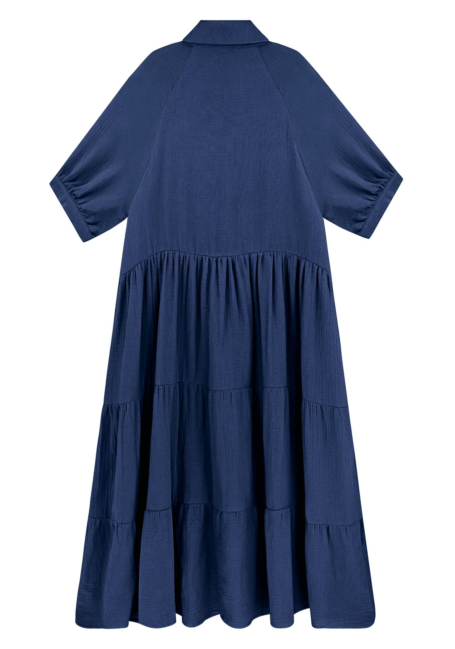 Gauze Button Front Collar Half Sleeve Tiered Pocket Midi Dress
