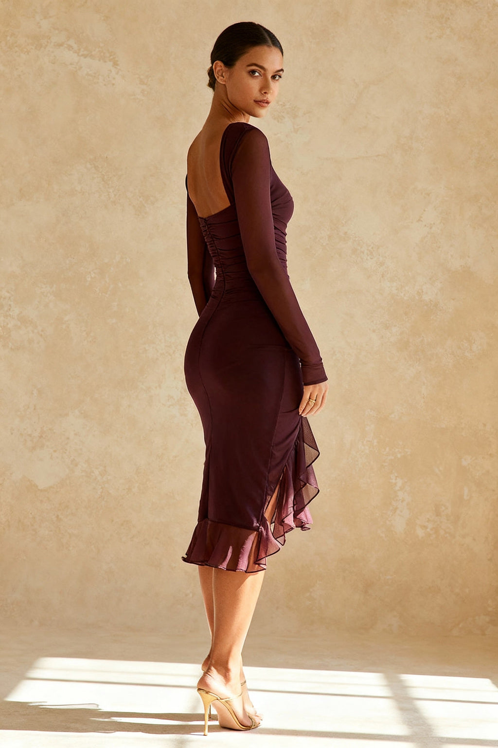 Mesh Long Sleeve Boat Neck Ruched High Low Ruffle Midi Dress