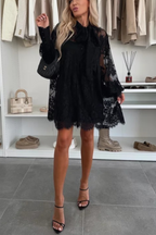 Iliana Effortless Night Rose a Line Mini Dress with Lace Bow and Long Balloon Sleeves Designer Edit