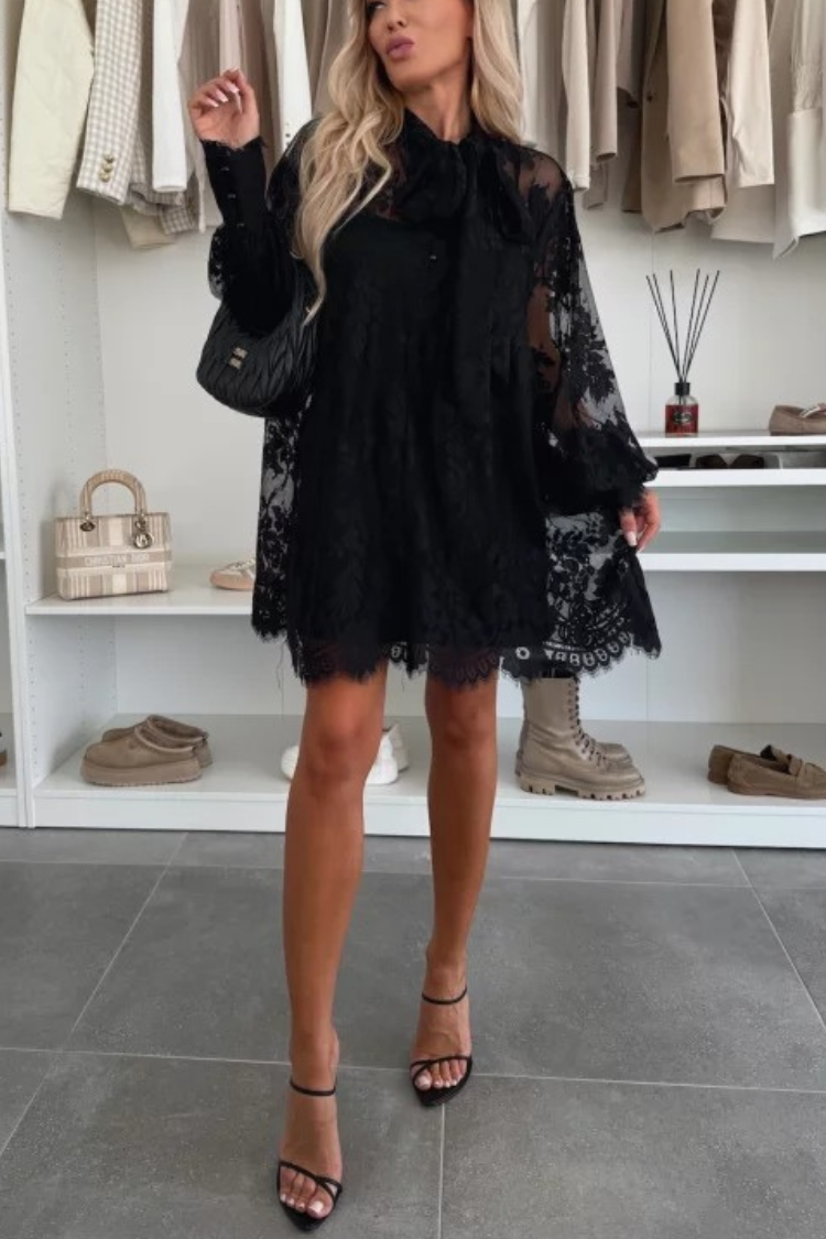 | A-line mini dress in night rose with lace bow and long balloon sleeves