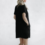 Casual lapel pocket solid color loose cotton and linen dress