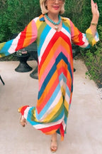 Rainbow Skyline Color-block Print Pocket A-line Shirt Maxi Dress