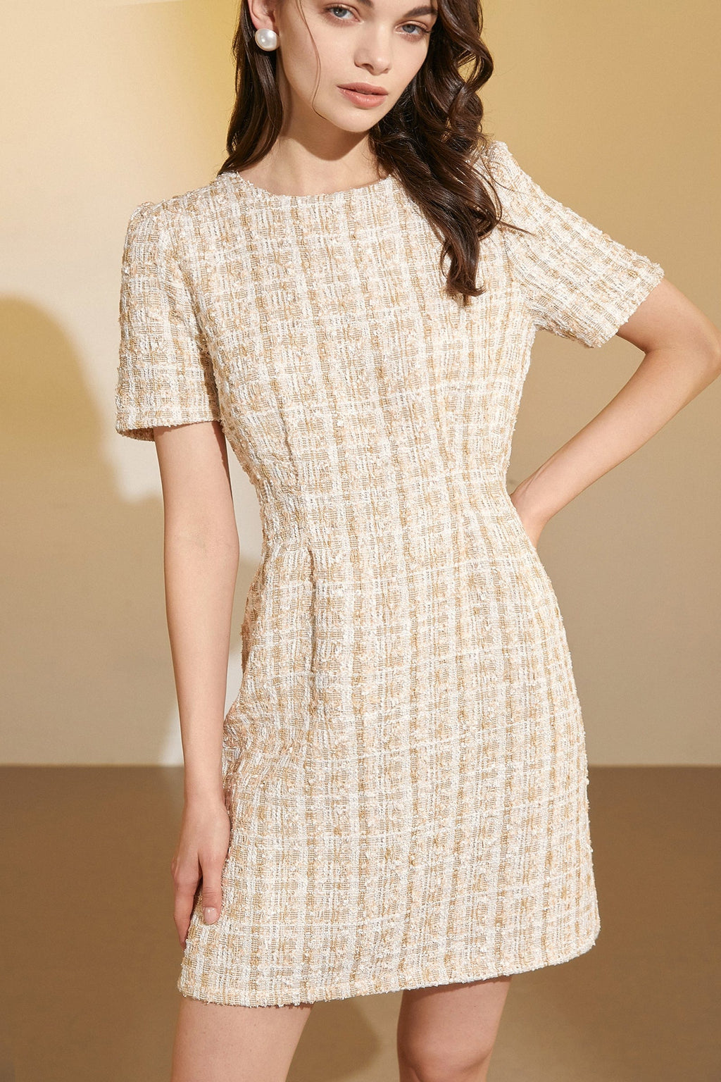 Tweed Grid Pattern Short Sleeve Crew Neck A-Line Mini Dress