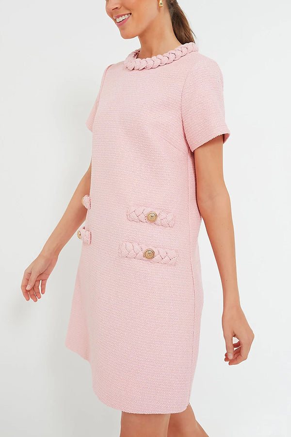 Tweed Braided Trim Crew Neck Button Welt Shift Mini Dress