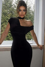 Velvet One Shoulder Choker Strap Cap Sleeve Bodycon Maxi Dress