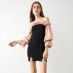 Contrast Stitch Off Shoulder Balloon Sleeve Bodycon Mini Dress