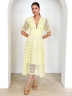Lace Dress V-neck Puff Sleeve A-line Midi Dress For Women 2026