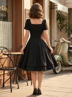 Vintage Square-Neck Midi Dress In Black For Summer 2026