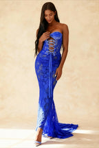 Velvet Sweetheart Lace Up Cut Out Sheer Lace High Split Maxi Dress