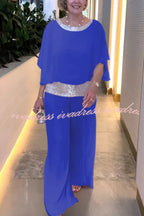 Stylish Sequin Patchwork Dolman Sleeve Top and Elastic Waist Wide Leg Pants Set