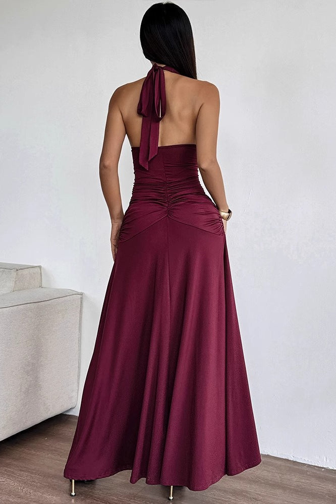 Halter Neck Deep V Ruched Sunburst Waist Thigh Slit Maxi Dress