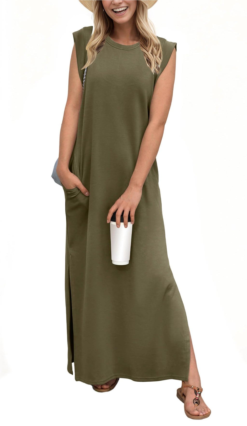 Padded Shoulder Crew Neck Ribbed Column Ankle Length Maxi Dress