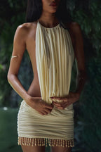 Apricot Halter Neck Plunging Keyhole Side Cut Out Ruched Beaded Fringe Mini Dress