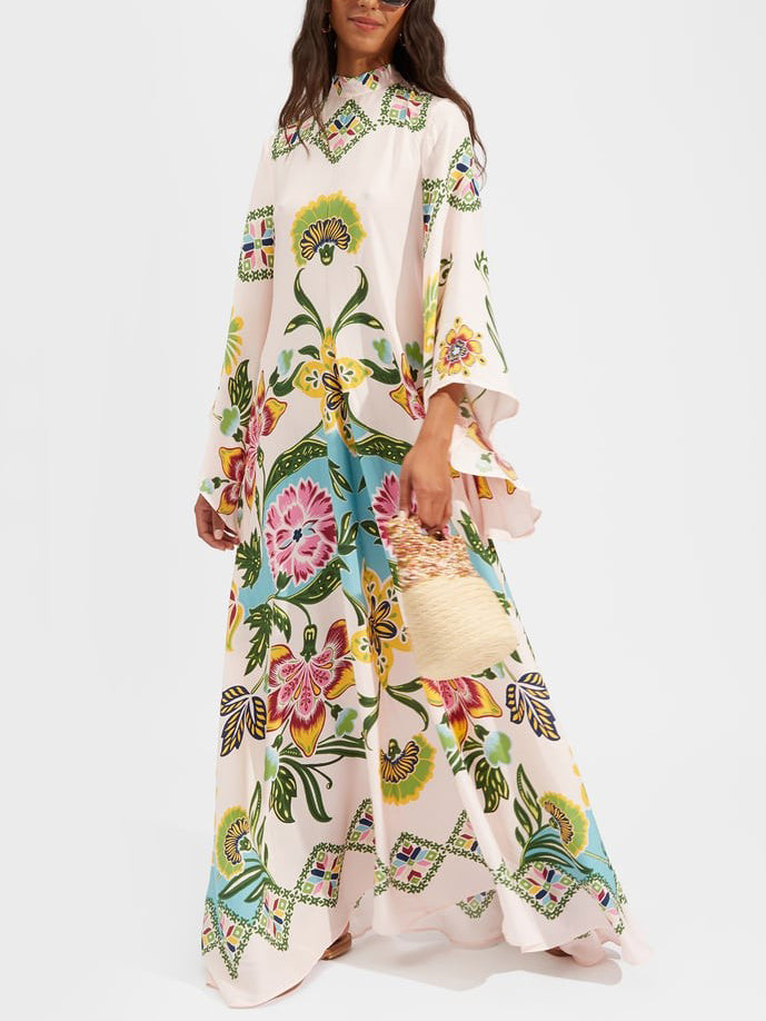 Mock Neck Bell Sleeve Floral Border Print Flowy Maxi Dress