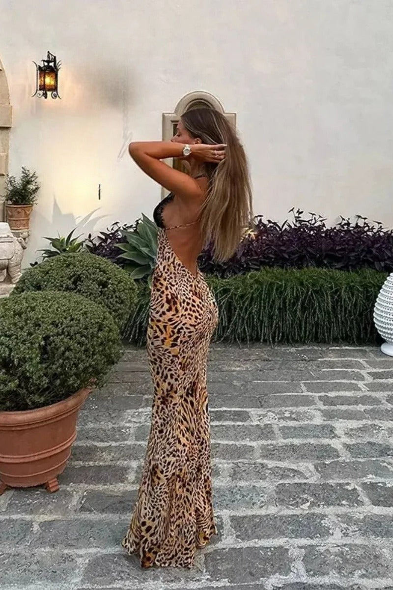 Print Lace Plunge Halter Spaghetti Strap Satin Slip Maxi Dress