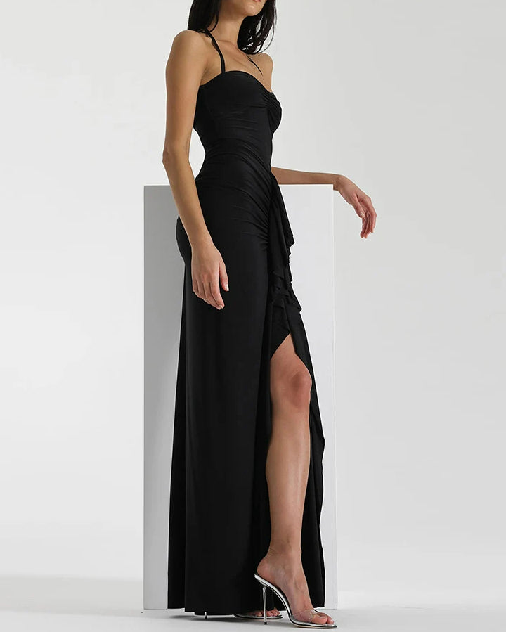Strapless Sweetheart Ruched Cascade Ruffle High Split Maxi Dress