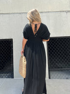 Deep V-Neck Flutter Sleeve Smocked Waist Pocket Side Slit Maxi Dress
