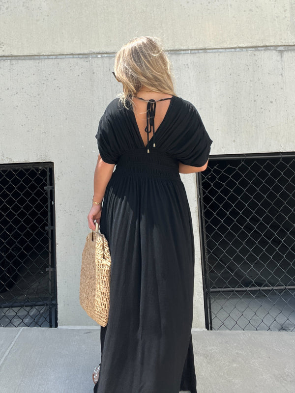 Deep V-Neck Flutter Sleeve Smocked Waist Pocket Side Slit Maxi Dress