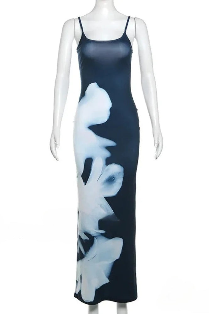 Floral Placement Print Square Neck Spaghetti Strap Bodycon Maxi Dress