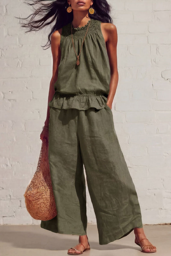 Linen Blend Round Neck Sleeveless Ruffled Top and Elastic Waist Casual Pocket Wide-leg Pants Set
