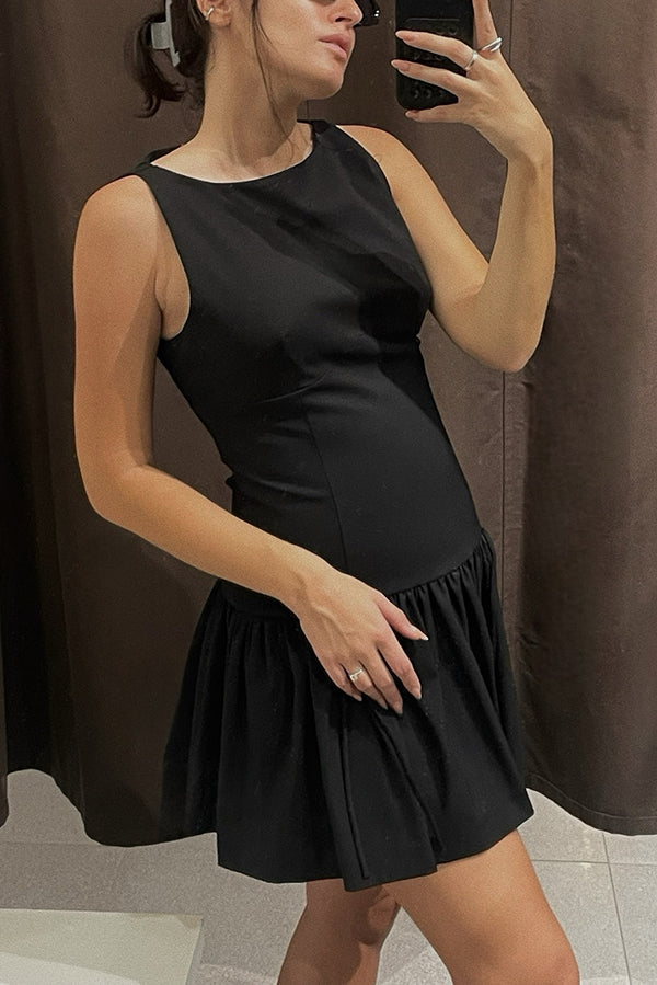 Velvet Bow Trim Drop Waist Gathered Pleated Mini Dress