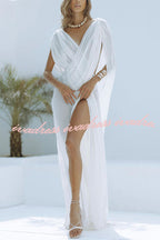 Enjoy Your Vacation Linen Blend Ruched Shoulder Drape Loose Cover Up Maxi Dress