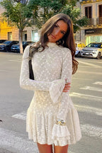 Lace Mock Neck Bell Sleeve Ruffle Hem Mini Dress