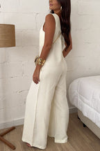 Elaris Linen Blend V-neck Tie-up Waist Pocketed H-line Wide Leg Jumpsuit