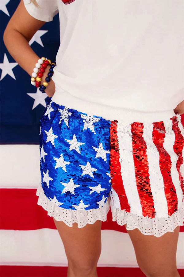Independence Day Sparkle Shorts: Star & Stripe Sequin Detail with Lace Hem