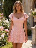 Soft Pink Lace Dress V-neck Flutter Sleeve Summer A-Line Mini Dress For Women 2026