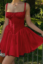 Corset Bodice Sweetheart Tie Waist Lace Trim Flare Hem Mini Dress