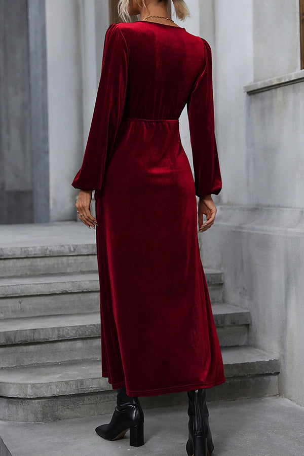 Velvet Wrap Deep V-Neck Bishop Sleeve Tie Waist High Split Maxi Dress