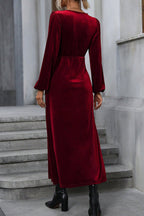Velvet Wrap Deep V-Neck Bishop Sleeve Tie Waist High Split Maxi Dress
