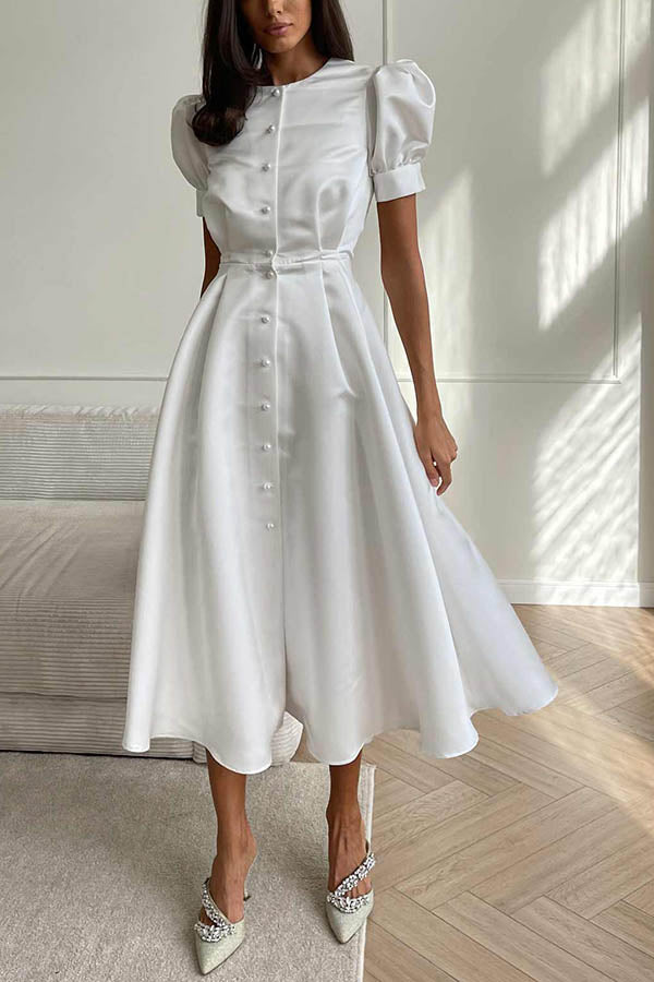 Puff Sleeve Pearl Button Front Satin Side Slit Midi Dress