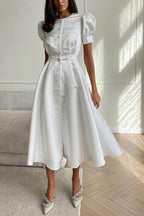 Puff Sleeve Pearl Button Front Satin Side Slit Midi Dress