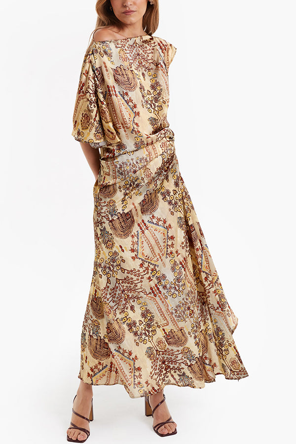 Cassie Satin Unique Print One Shoulder Ruched Waist Asymmetrical Hem Maxi Dress