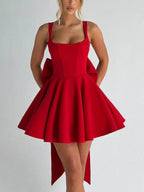 Square Neck Sleeveless Fit and Flare Oversized Back Bow Mini Dress