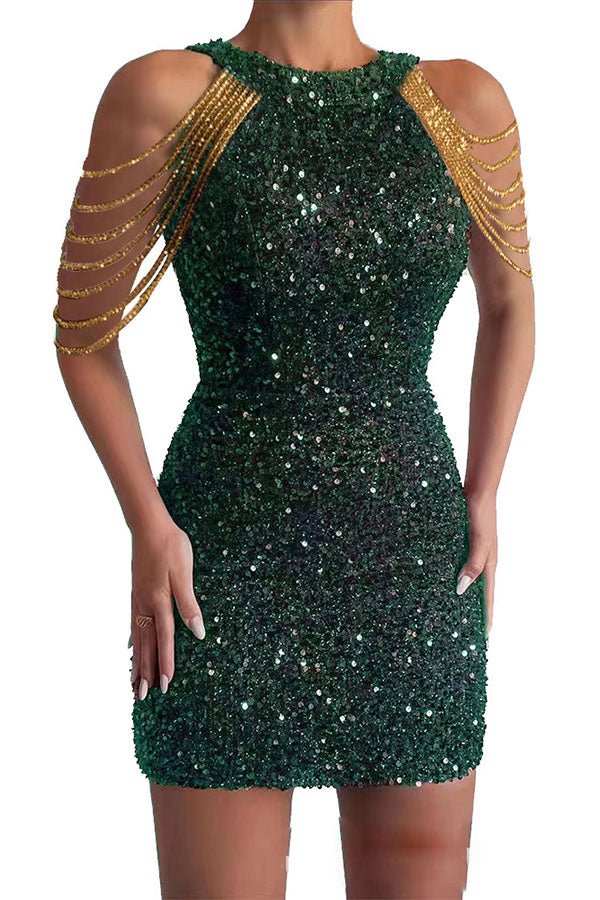 Sequin Halter Neck Beaded Strap Detail Bodycon Mini Dress