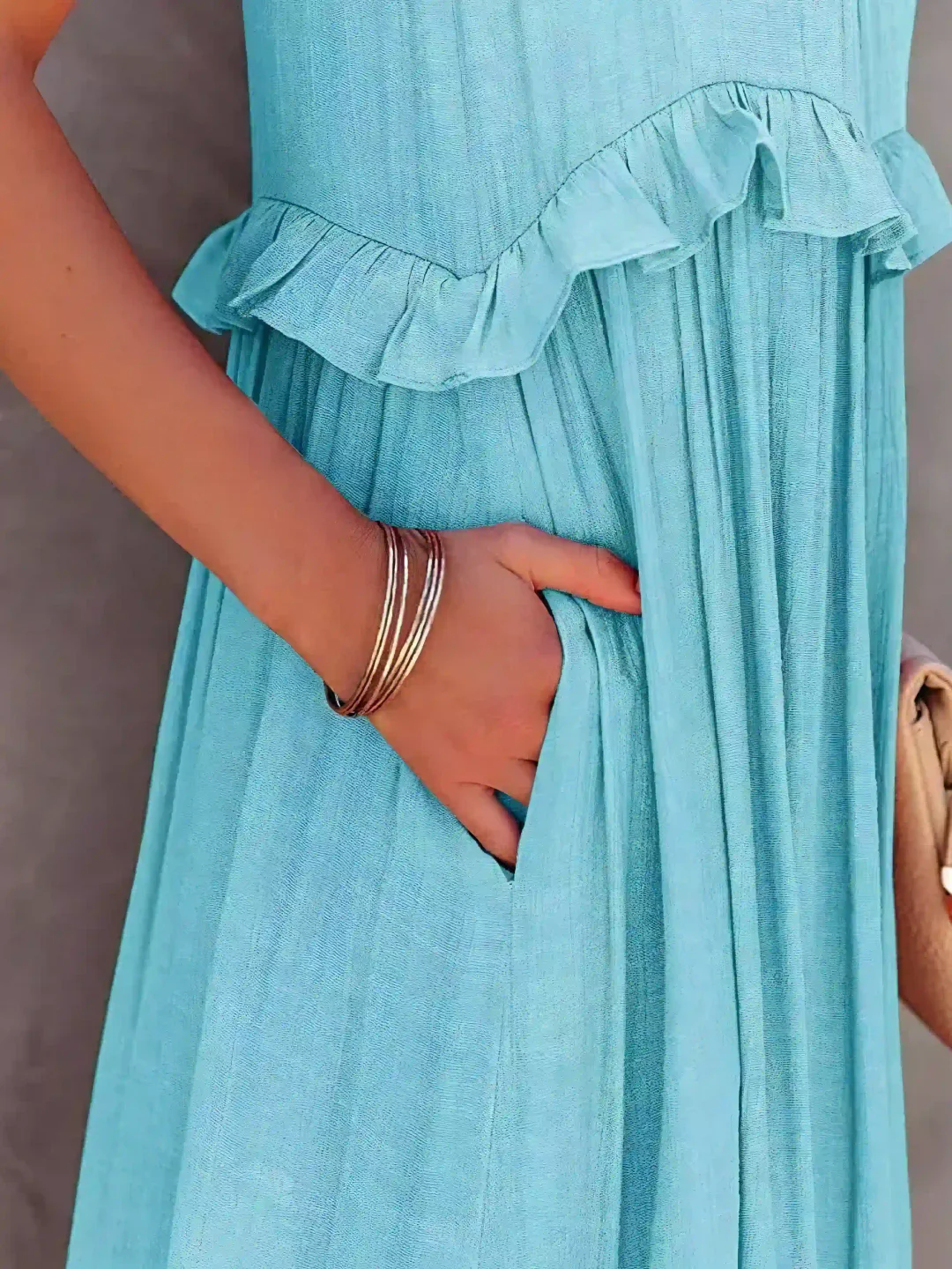 High Neck Smocked Halter Sleeveless Tiered Ruffle Maxi Dress