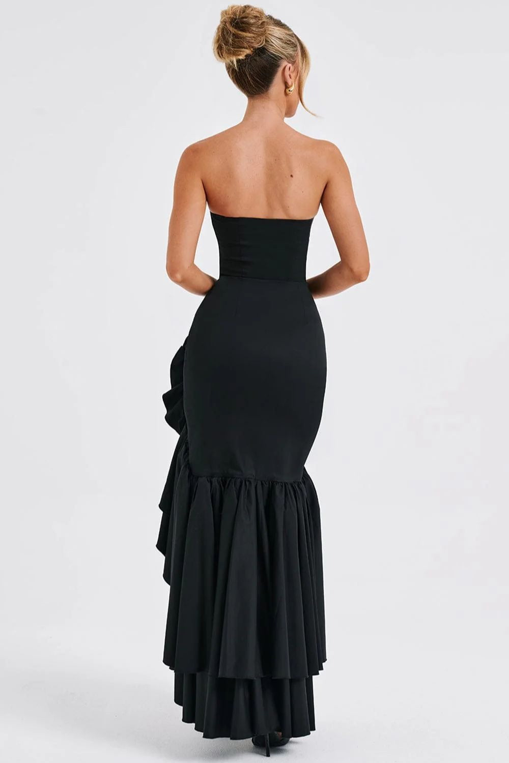 Strapless Corset Bustier High Split Ruffle Hem Maxi Dress