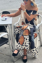 Off Shoulder Floral Polka Dot Print Tiered Pocket Maxi Dress