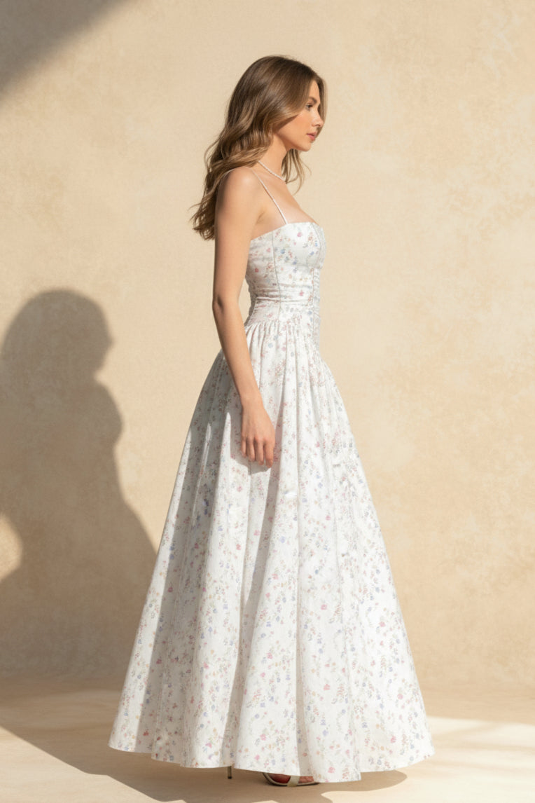 Floral Print Corset Bodice Basque Waist Pleated Ball Gown Maxi Dress