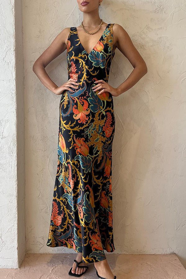 Satin Botanical Print Deep V-Neck Slip Maxi Dress