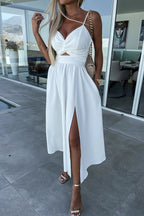 Twist Front Cutout Spaghetti Strap Pocket Side Slit A-Line Midi Dress