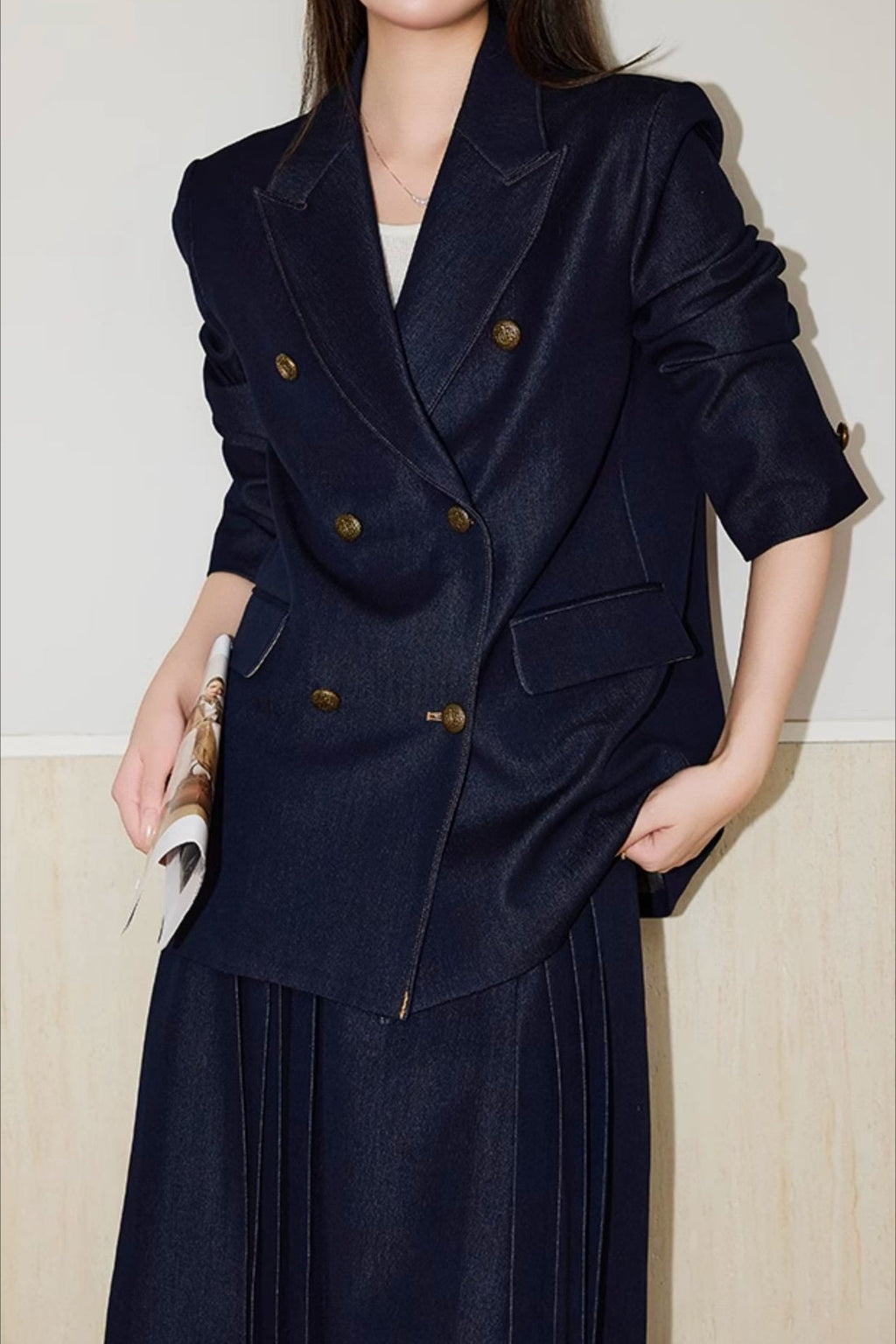 Textured Double Breasted Two Piece Blazer Skirt Set